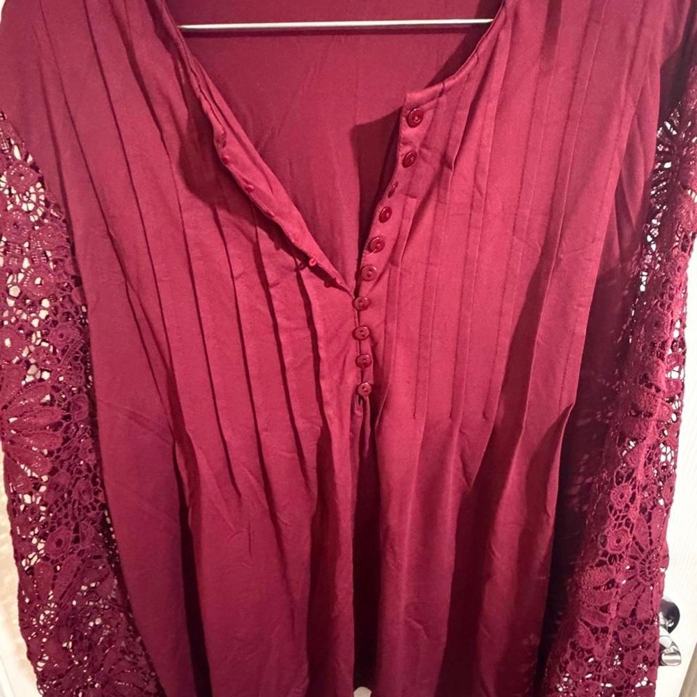 Temu Burgundy Lace Sleeve Pleated Blouse Top Red 4XL NEW